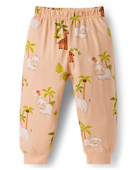 Babyhug Cotton Knit Full Sleeves Jungle Theme Printed Co-Ords T-Shirt & Pyjama Night Suit - Tan