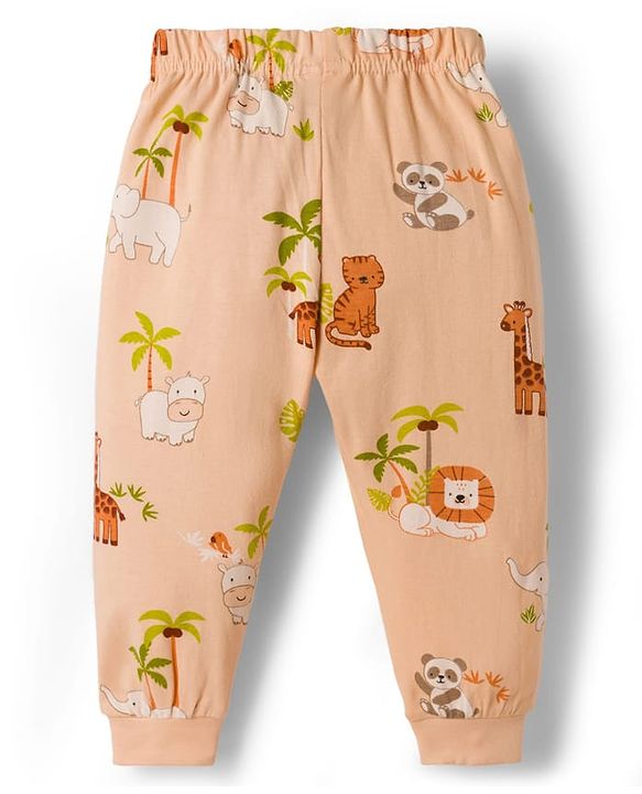 Babyhug Cotton Knit Full Sleeves Jungle Theme Printed Co-Ords T-Shirt & Pyjama Night Suit - Tan