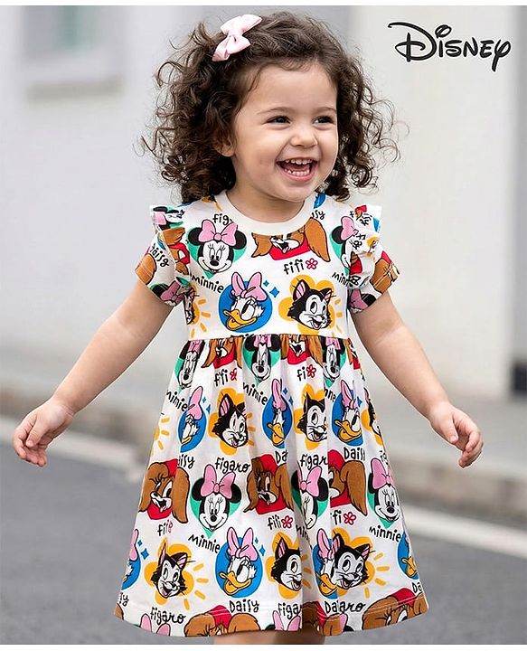 Babyhug Disney Single Jersey Knit Half Sleeves Frock With Minnie Mouse & Friends Print - White