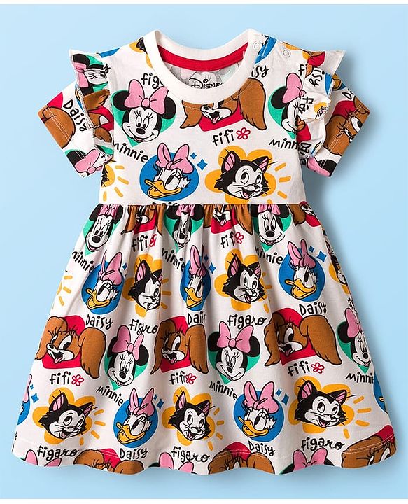 Babyhug Disney Single Jersey Knit Half Sleeves Frock With Minnie Mouse & Friends Print - White