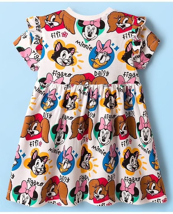 Babyhug Disney Single Jersey Knit Half Sleeves Frock With Minnie Mouse & Friends Print - White