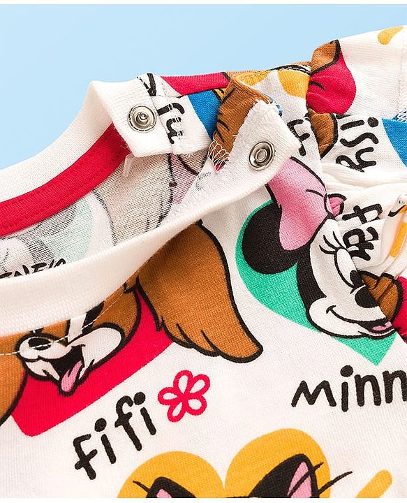 Babyhug Disney Single Jersey Knit Half Sleeves Frock With Minnie Mouse & Friends Print - White