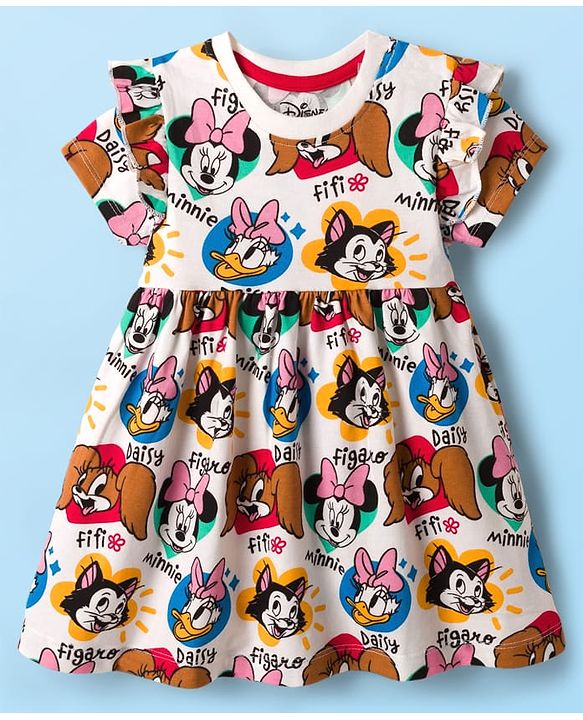 Babyhug Disney Single Jersey Knit Half Sleeves Frock With Minnie Mouse & Friends Print - White