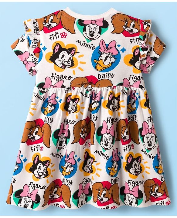 Babyhug Disney Single Jersey Knit Half Sleeves Frock With Minnie Mouse & Friends Print - White