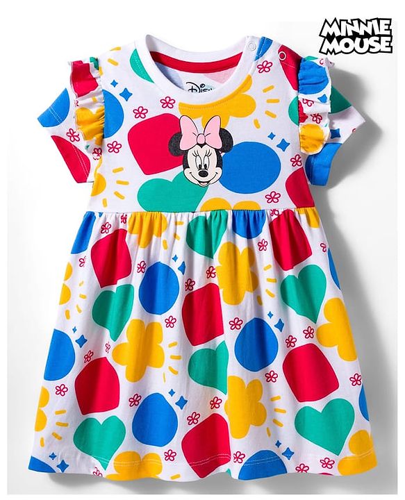 Babyhug Disney Single Jersey Knit Half Sleeves Frock With Minnie Mouse & Friends Print - White