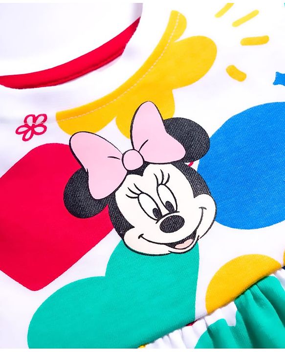 Babyhug Disney Single Jersey Knit Half Sleeves Frock With Minnie Mouse & Friends Print - White