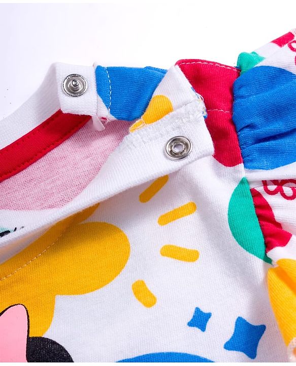 Babyhug Disney Single Jersey Knit Half Sleeves Frock With Minnie Mouse & Friends Print - White