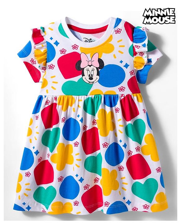 Babyhug Disney Single Jersey Knit Half Sleeves Frock With Minnie Mouse & Friends Print - White