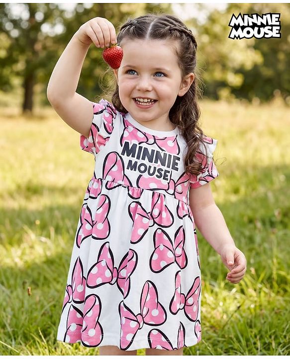 Babyhug Disney Single Jersey Knit Half Sleeves Frock With Minnie Moue & Friends Print - White