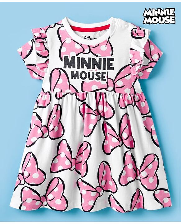 Babyhug Disney Single Jersey Knit Half Sleeves Frock With Minnie Moue & Friends Print - White