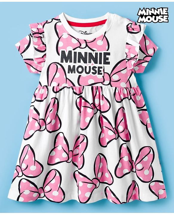 Babyhug Disney Single Jersey Knit Half Sleeves Frock With Minnie Moue & Friends Print - White
