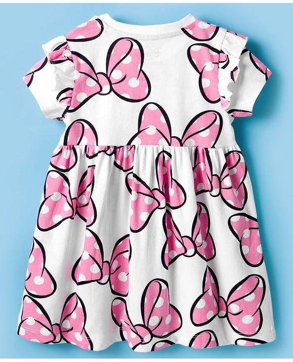 Babyhug Disney Single Jersey Knit Half Sleeves Frock With Minnie Moue & Friends Print - White