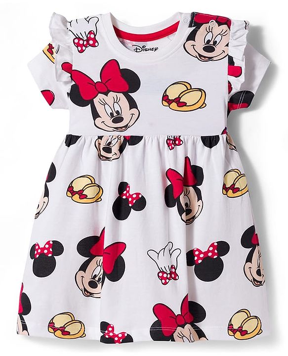 Babyhug Disney Single Jersey Knit Half Sleeves Frock With Minnie Mouse & Friends Print - White