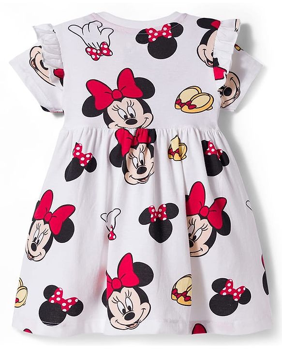 Babyhug Disney Single Jersey Knit Half Sleeves Frock With Minnie Mouse & Friends Print - White