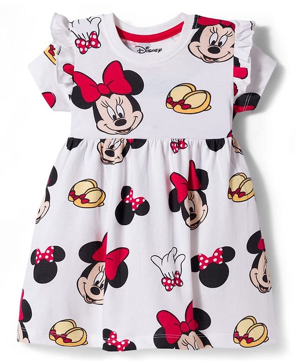 Babyhug Disney Single Jersey Knit Half Sleeves Frock With Minnie Mouse & Friends Print - White