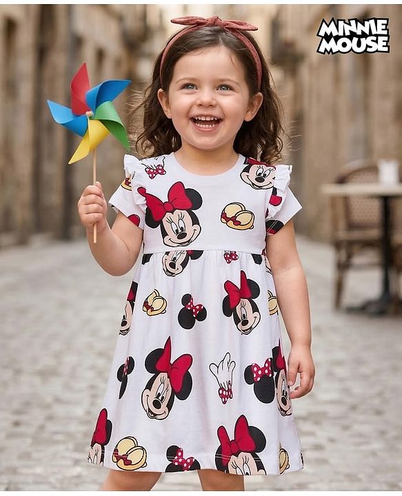Babyhug Disney Single Jersey Knit Half Sleeves Frock With Minnie Mouse & Friends Print - White