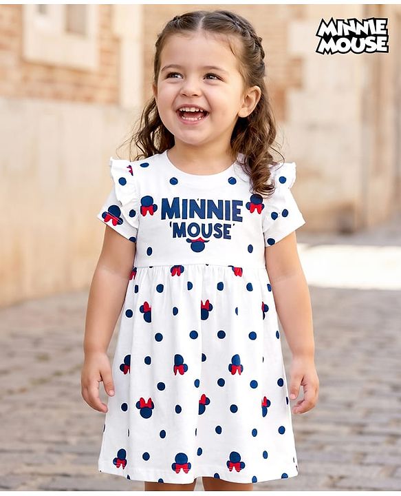 Babyhug Disney Single Jersey Knit Half Sleeves Frock With Minnie Mouse & Friends Print - White