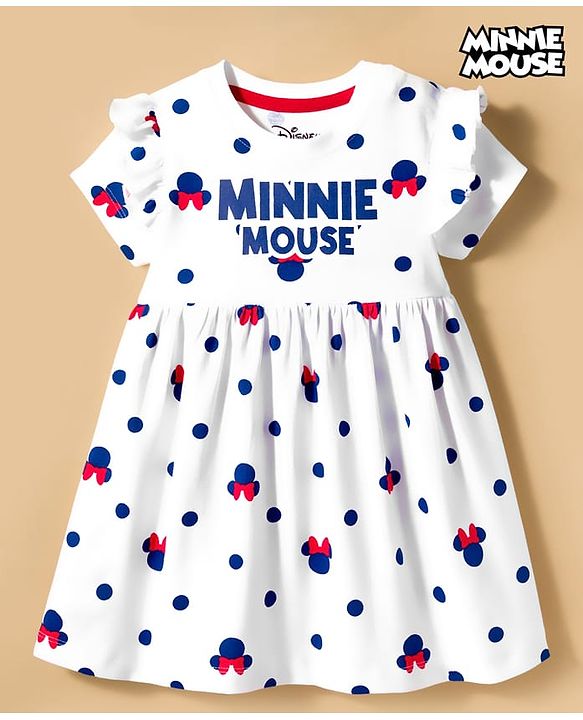 Babyhug Disney Single Jersey Knit Half Sleeves Frock With Minnie Mouse & Friends Print - White