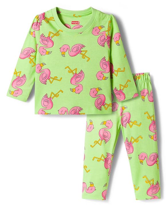 Babyhug Cotton Knit Full Sleeves T-Shirt & Pajama Co-ords Night Suit With Bird Print - Green