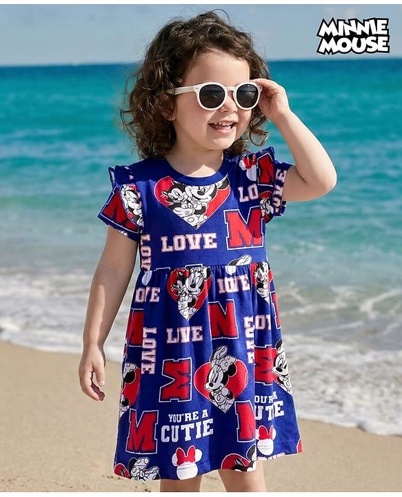 Babyhug Disney Single Jersey Knit Half Sleeves Frock With Minnie Mouse & Friends Print - Navy Blue