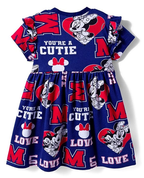 Babyhug Disney Single Jersey Knit Half Sleeves Frock With Minnie Mouse & Friends Print - Navy Blue