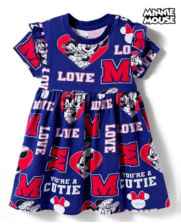 Babyhug Disney Single Jersey Knit Half Sleeves Frock With Minnie Mouse & Friends Print - Navy Blue