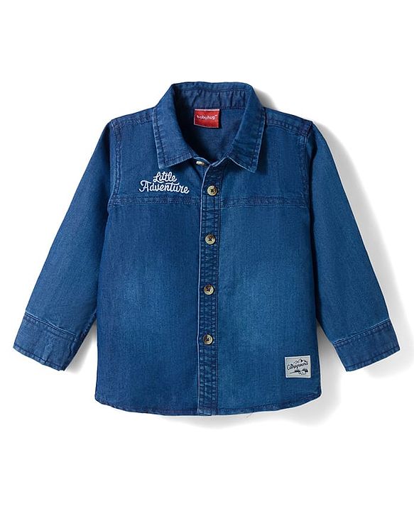 Babyhug Denim Full Sleeves Shirt & Trouser Set with Embroidery - Blue & Brown