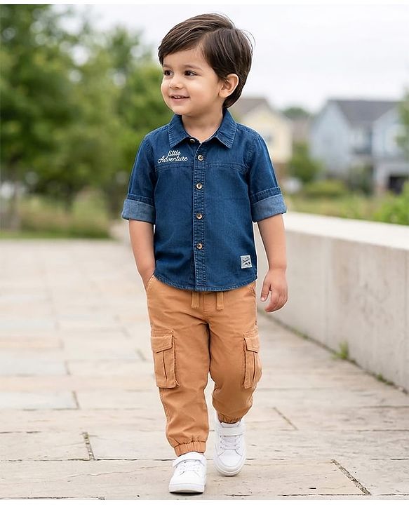 Babyhug Denim Full Sleeves Shirt & Trouser Set with Embroidery - Blue & Brown