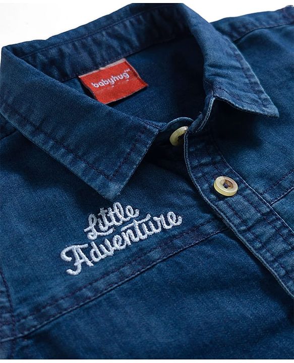 Babyhug Denim Full Sleeves Shirt & Trouser Set with Embroidery - Blue & Brown