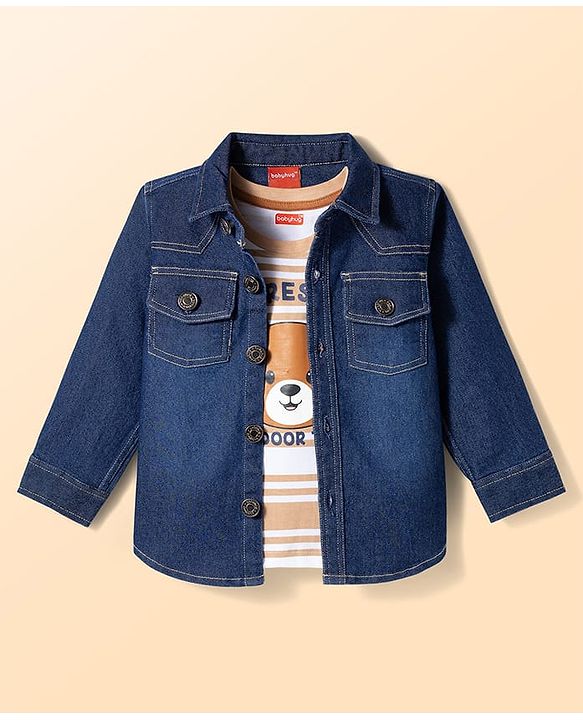 Babyhug Denim Woven Full Sleeves Shirt & Trouser Set With Printed Inner Tee - Blue & Brown
