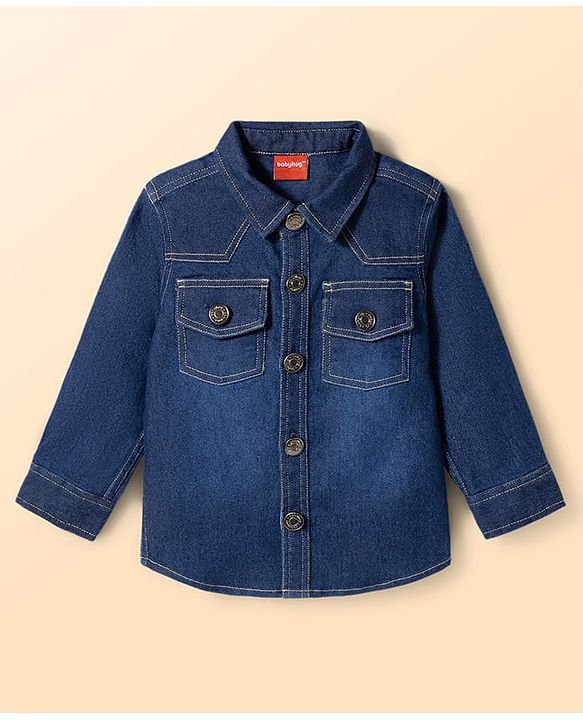 Babyhug Denim Woven Full Sleeves Shirt & Trouser Set With Printed Inner Tee - Blue & Brown