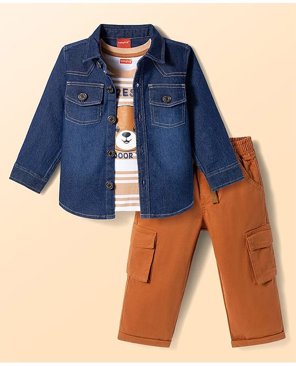 Babyhug Denim Woven Full Sleeves Shirt & Trouser Set With Printed Inner Tee - Blue & Brown