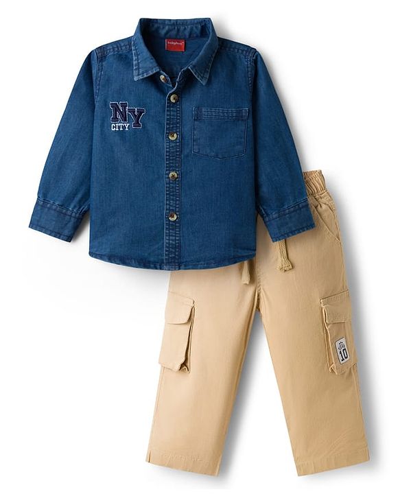 Babyhug Woven Full Sleeves Denim Shirt & Trouser Set With NY Embroidery - Blue & Beige