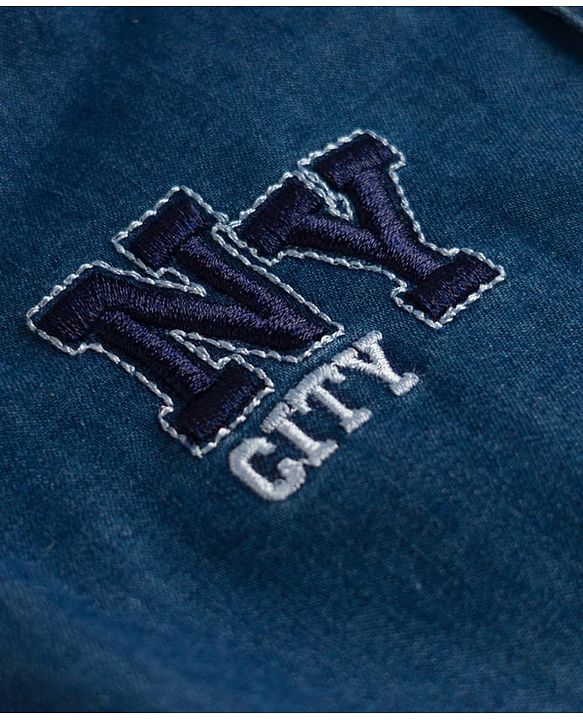 Babyhug Woven Full Sleeves Denim Shirt & Trouser Set With NY Embroidery - Blue & Beige