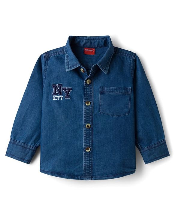 Babyhug Woven Full Sleeves Denim Shirt & Trouser Set With NY Embroidery - Blue & Beige