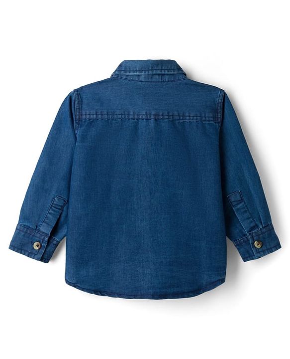 Babyhug Woven Full Sleeves Denim Shirt & Trouser Set With NY Embroidery - Blue & Beige