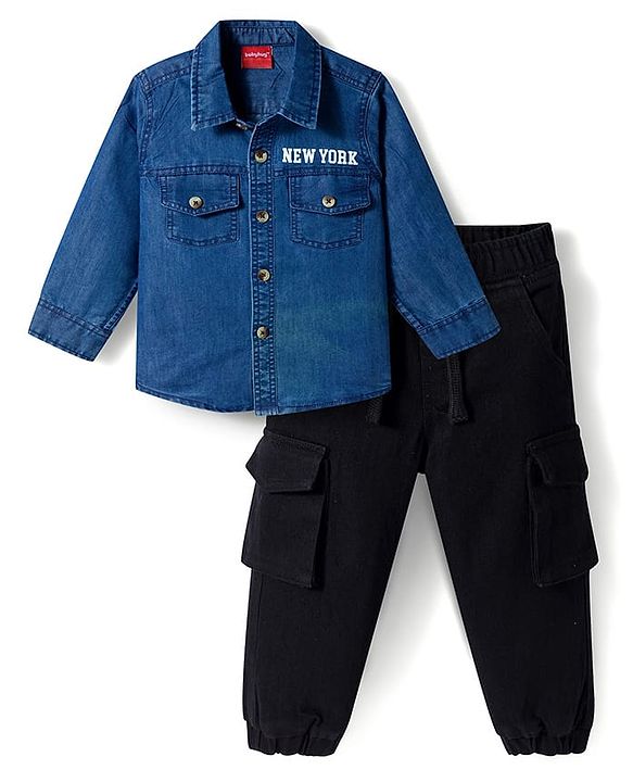 Babyhug Denim Woven Full Sleeves Shirt & Jeans Set with New York Print - Blue