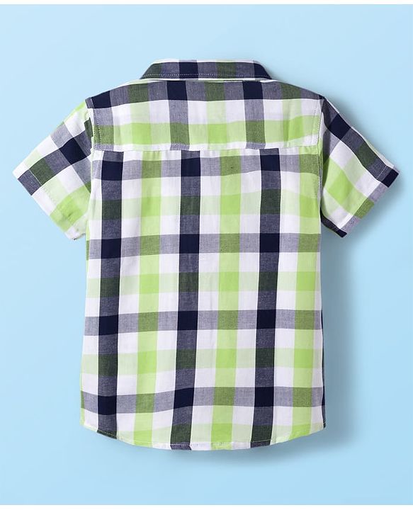 Babyhug Cotton Woven Half Sleeves Checkered Shirt & Denim Shorts Set - Navy Blue