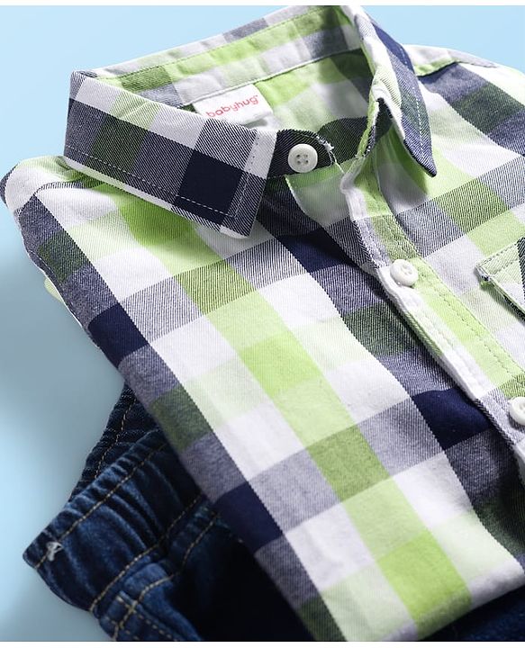 Babyhug Cotton Woven Half Sleeves Checkered Shirt & Denim Shorts Set - Navy Blue