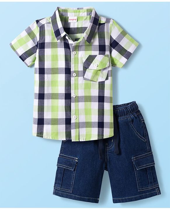 Babyhug Cotton Woven Half Sleeves Checkered Shirt & Denim Shorts Set - Navy Blue