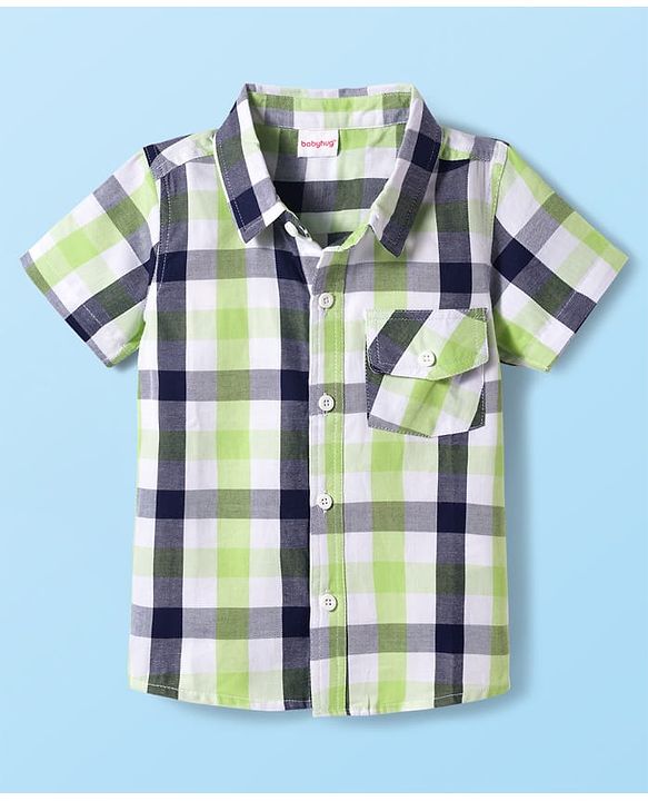 Babyhug Cotton Woven Half Sleeves Checkered Shirt & Denim Shorts Set - Navy Blue