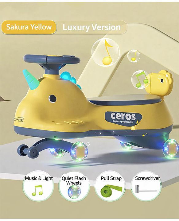 Babyhug Dino Kids Swing Car with ABEC 7 Bearing Lights & Music- Yellow| Smooth PU LED Wheels| Easy to Operate| Built for Rough Play| Encourages Physical Activity| For Kids of 3 to 8 years| Sport Gift