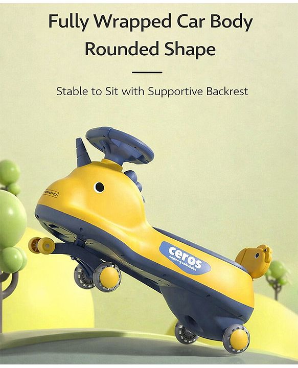 Babyhug Dino Kids Swing Car with ABEC 7 Bearing Lights & Music- Yellow| Smooth PU LED Wheels| Easy to Operate| Built for Rough Play| Encourages Physical Activity| For Kids of 3 to 8 years| Sport Gift