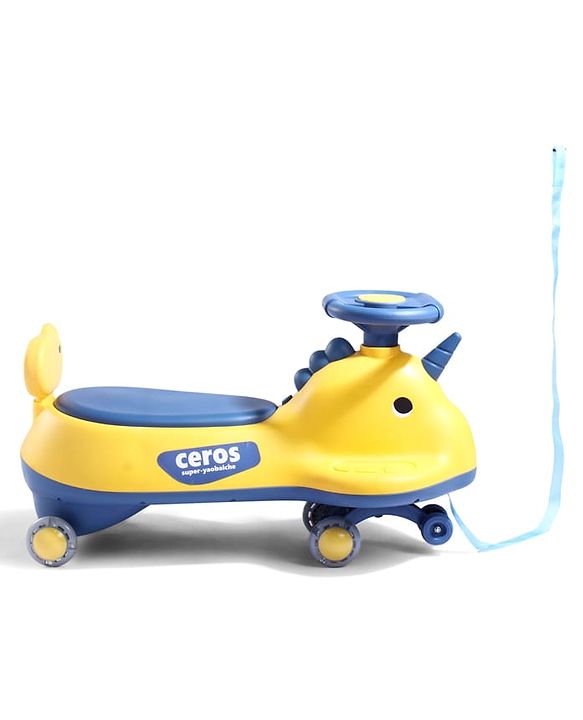 Babyhug Dino Kids Swing Car with ABEC 7 Bearing Lights & Music- Yellow| Smooth PU LED Wheels| Easy to Operate| Built for Rough Play| Encourages Physical Activity| For Kids of 3 to 8 years| Sport Gift
