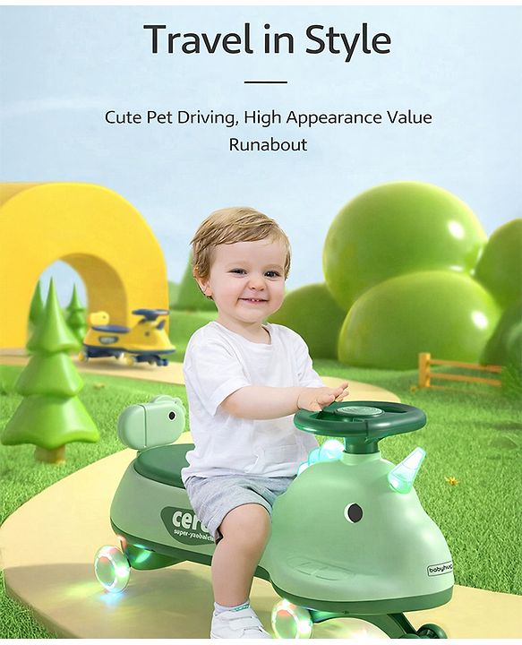 Babyhug Dino Kids Swing Car with ABEC 7 Bearing Lights & Music- Yellow| Smooth PU LED Wheels| Easy to Operate| Built for Rough Play| Encourages Physical Activity| For Kids of 3 to 8 years| Sport Gift