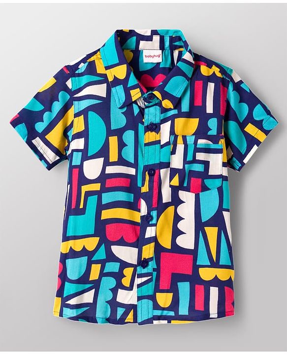 Babyhug Rayon Knit Half Sleeves Printed Shirt & Denim Shorts Set with Inner Tee - Blue