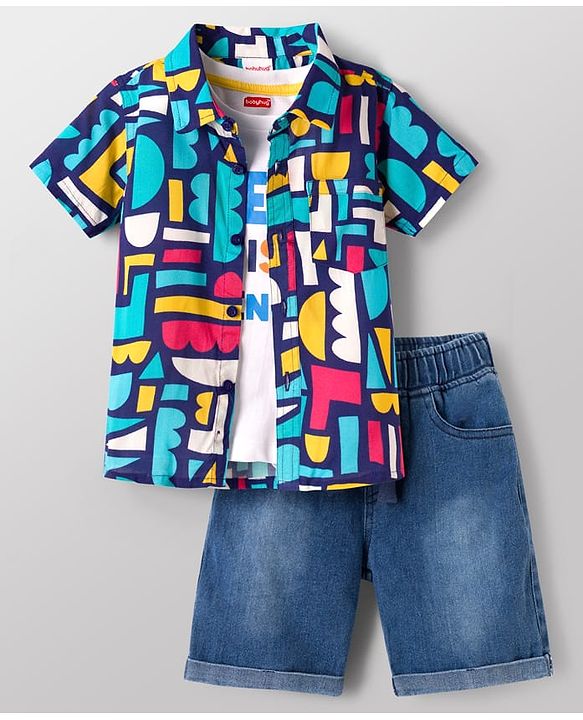 Babyhug Rayon Knit Half Sleeves Printed Shirt & Denim Shorts Set with Inner Tee - Blue