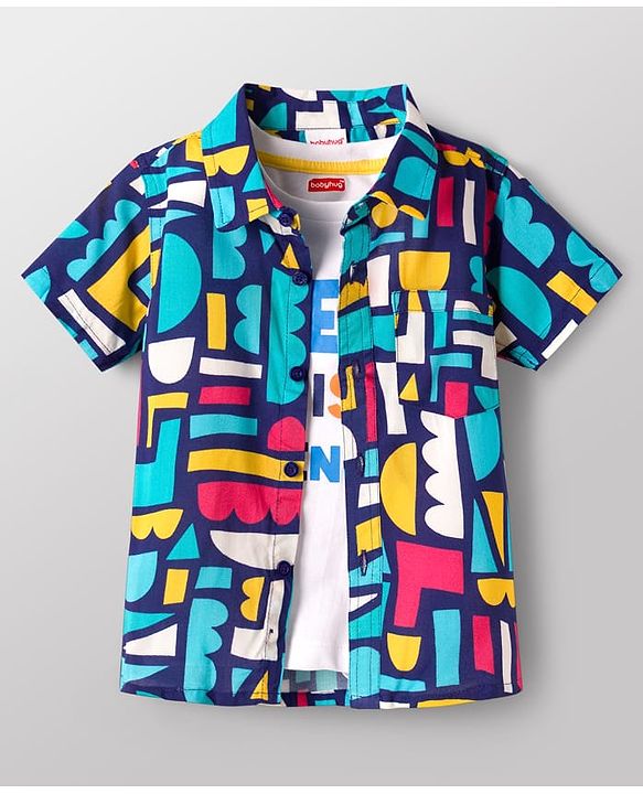 Babyhug Rayon Knit Half Sleeves Printed Shirt & Denim Shorts Set with Inner Tee - Blue