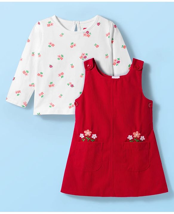 Babyhug Cotton Woven Frock with Full Sleeves Inner Tee Floral Print & Embroidery - Red & White