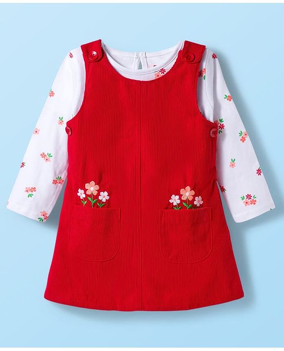 Babyhug Cotton Woven Frock with Full Sleeves Inner Tee Floral Print & Embroidery - Red & White